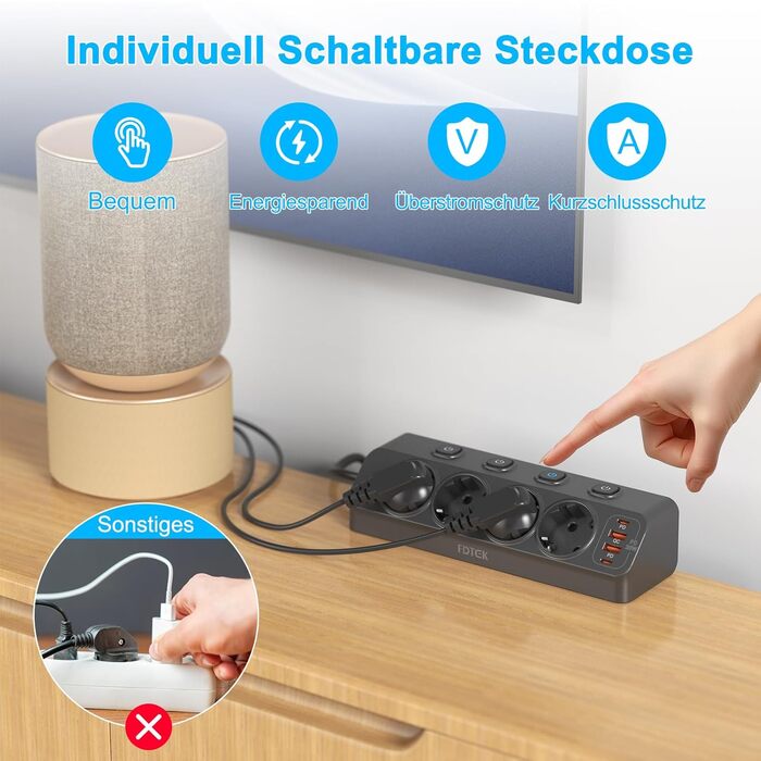 Мережевий адаптер PD 20W з плоским штеплером, розетка FDTEK 4-портова з індивідуальним вимикачем, 4000W, 16A, USB-C, розетка для столу з вимикачем, настільна розетка з кріпленням на стіну, кабель 2м (Чорний з кріпильною пластиною)