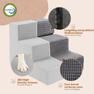 Sytopia dog stairs 40 cm high, 3 steps, dog stairs for bed sofa for small dogs, pet stairs washable, foam stairs, for injured older dogs (34cm height, Grey)
