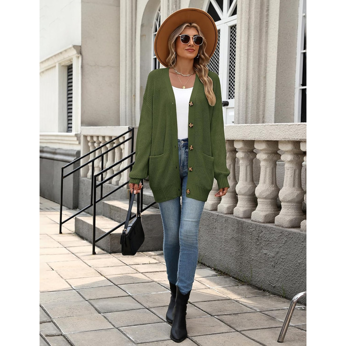 Жіночий в'язаний кардиган Zeagoo з довгим рукавом, вільний крій, V-подібний виріз, грубий в'язання, на кнопках, для осені/зими (зелений, S)
