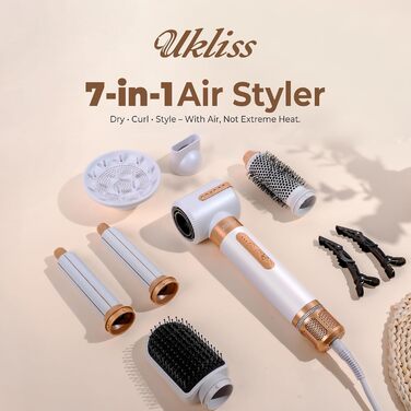Haarföhn Airstyler UKLISS Pro7 в 1: Набір для укладки волосся з іонізацією, автоматичною локонами, термощіткою та Airflow, білий