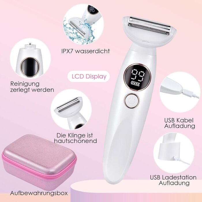 Електричний жіночий епілятор 5-в-1 з 3 насадками для бікіні, обличчя та тіла, водонепроникний (IPX7)
