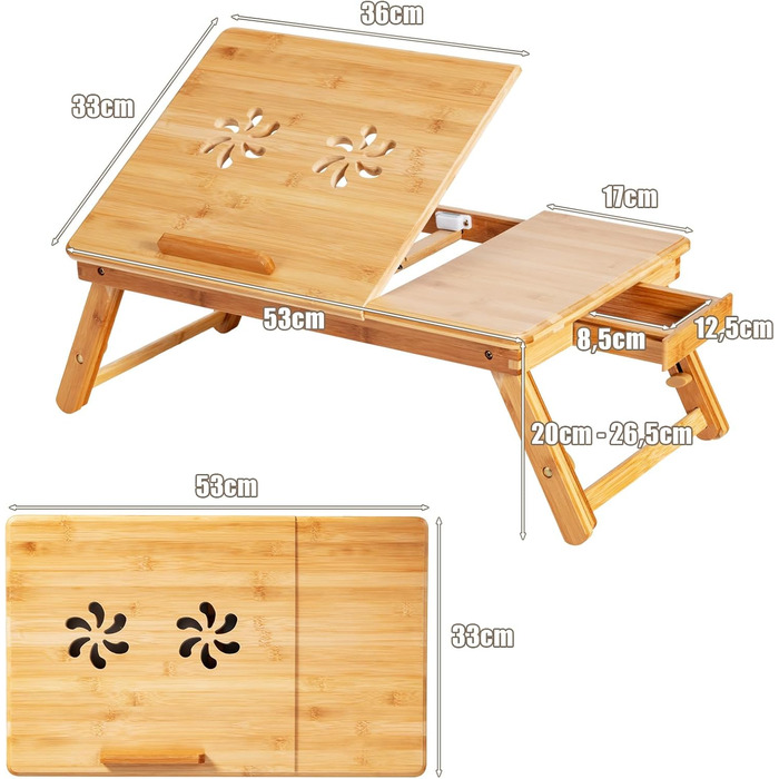 Столик для ноутбука COSTWAY з бамбука, регульований по висоті та куту нахилу, з вентиляцією, з ящиком, складний, для роботи та відпочинку, 53 x 33 x 20-26,5 см (натуральний бамбук)