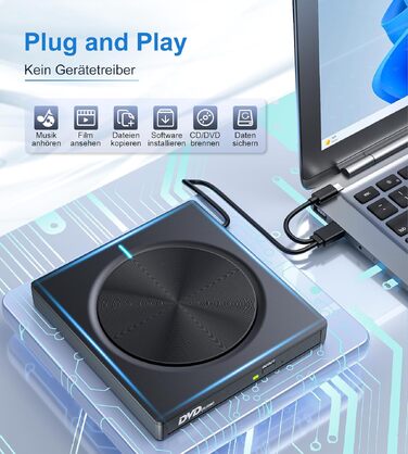 Зовнішній CD/DVD привід USB 3.0 та USB-C, оптичний накопичувач CD/DVD +/-RW ROM Brenner для ноутбука, ПК, MacBook, iMac (Windows, MacOS, Linux)