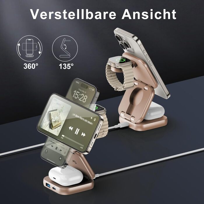 Зарядна станція 5 в 1 для iPhone з підтримкою магнітного зарядного пристрою, складна для подорожей, бездротовий зарядний пристрій для iPhone 17/16/15/14/13/12, AirPods Pro 3, Apple Watch S11/Ultra (Titan Wüstensand), 2026
