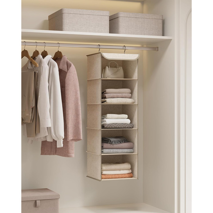 Органайзер для шафи SONGMICS, висувна полиця-вішалка, з металевими гачками та бамбуковими вставками, бежевий (RYCH06G)