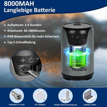 Портативна душова кабіна Riggoo для кемпінгу з акумулятором 8000mAh, насосом та індикатором температури. Ідеальна для відпочинку на природі, саду, пляжу, миття авто та подорожей.