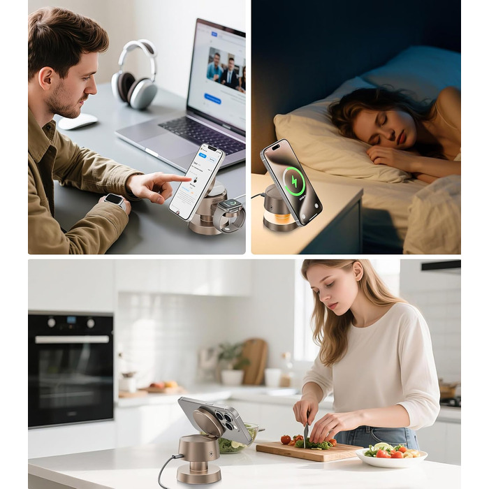 База для бездротової зарядки 4-в-1 для iPhone 17/16/15/14 Pro Max з нічним світлом, сумісна з Apple Watch та AirPods (Золота)