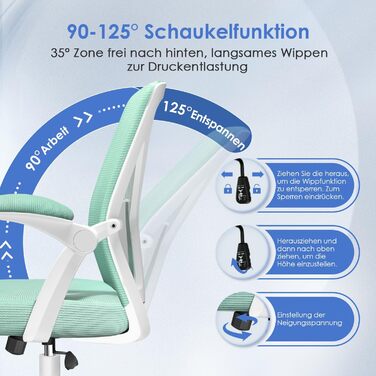 Офісне крісло Hinode з підйомними підлокітниками, функцією гойдання, поворотне на 360°, регульоване по висоті, ергономічне крісло для дому та офісу з дихаючою сіткою, до 150 кг (Блакитно-зелене, Стиль 1)