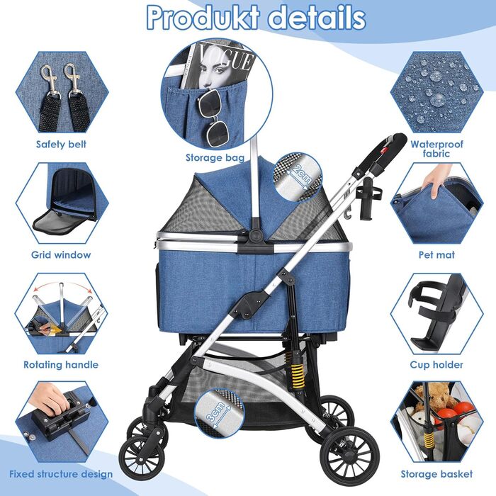 Візок для собак Mamizо 3-в-1: візок, переноска, сумка, до 20 кг, з відкидною конструкцією, 360° колеса, колір срібно-блакитний