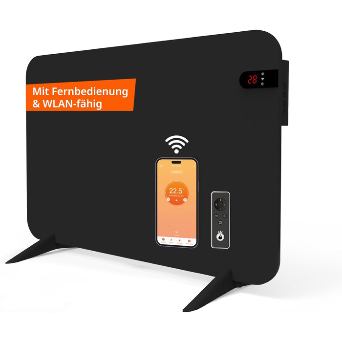 Обігрівач KönigsHaus 450W Smart з інфрачервоним випромінюванням V2 - підлоговий/настінний - керування через Wi-Fi з пульт дистанційного керування - з тримачем для рушників, ніжками та кріпленням. Колір: Білий. Потужність: 450 Вт