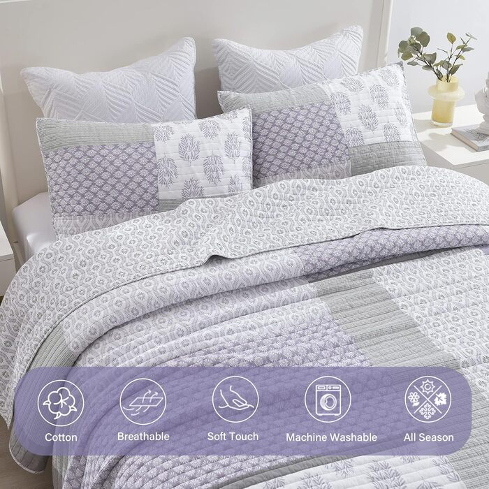 Комплект постільної білизни Finlonte Quilt Twin (1.5) з бавовни, блакитно-сіро-білий, легкий, двосторонній, для всіх сезонів, 2-х частинний (178x218 см)