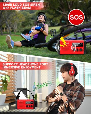 Радіо Kurbelradio на сонячній енергії 20000mAh з AM/FM, SOS-сигналом, LED-ліхтариком та USB-зарядкою, червоне