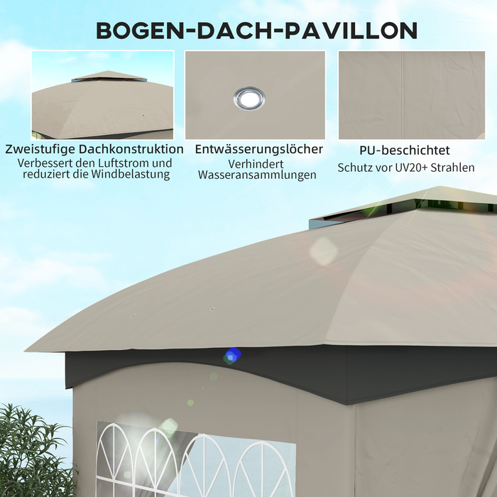 Outsunny Gazebo approx. 3.4x3.4 m water-resistant garden gazebo with 4 side panels, double roof, party tent with UV protection garden tent with galvanized metal frame, for garden light grey | Aosom