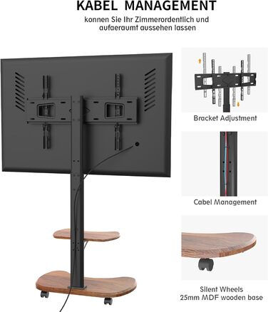 Підставка для телевізора Stellar на колесах з полицею, біла (волоський горіх), для телевізорів 32-70 дюймів, до 45 кг, VESA 600x400