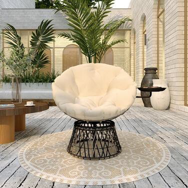 Крісло-гойдалка Outsunny Papasan з ротангу, 360° обертається, крісло-кошик з подушкою, діаметр 90 см, кругле ротангове крісло, крісло-поворотник, крісло для відпочинку, крісло-шезлонг для вітальні, саду, балкону, бежеве | Aosom