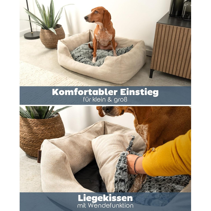 Lionto Dog Cuddler with fluffy reversible cushion, cozy pet bed in heathered design with deep entry for dogs & cats of all sizes, 80x60 cm, soft dog bed, beige
