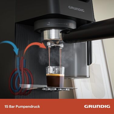 GRUNDIG KSM 5330 Espresso Machine with Integrated Milk Container, 1628 W Power, 15 bar Pump Pressure, Dual Nozzle, Color Touch Display, BrewSense, CreamyPro, Dark Inox/Black. With Milk Container