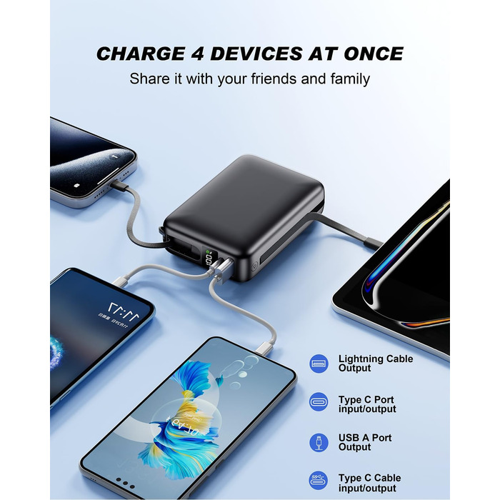Power Bank 26800mAh: Портативний акумулятор з двома портами та кабелями, сумісний з iPhone та Android