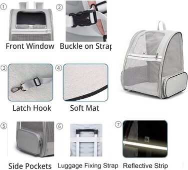 Рюкзак для кота/маленької собаки, переноска для тварин, дихаючий, складаний, з вікном та страхувальним ремінцем, сірий (до 8 кг кота, до 6 кг собаки)