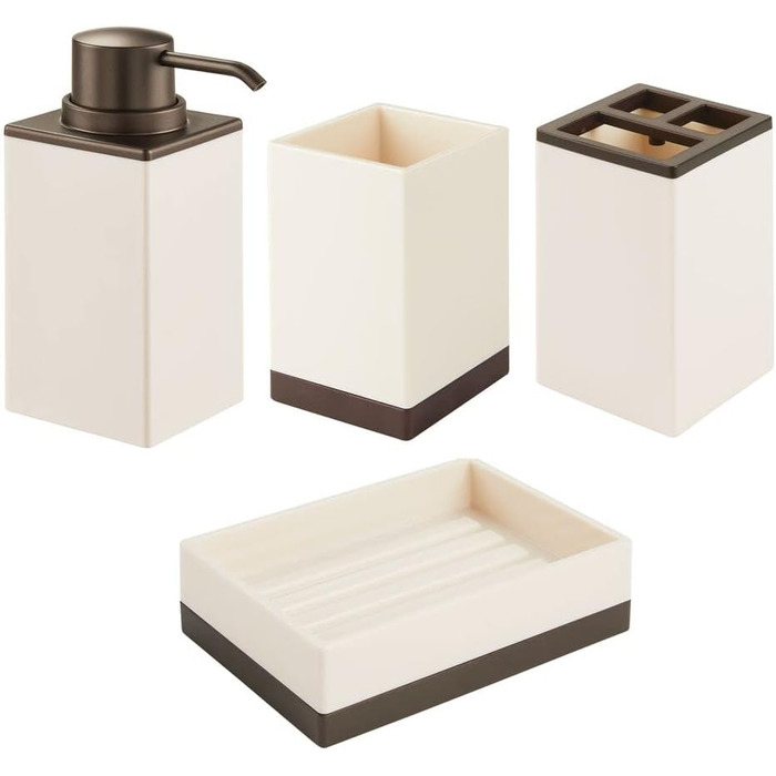 Набір аксесуарів для ванної кімнати mDesign 4-Piece – тримач для зубних щіток, дозатор мила, мильниця та стаканчик, кремово-бронзовий колір, міцний пластик