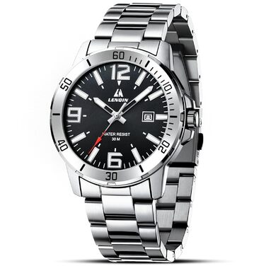 Годинник чоловічий LN LENQIN з нержавіючої сталі, водонепроникний, з датою, кварцовий, аналоговий, бізнес-стиль (сріблястий, чорний)