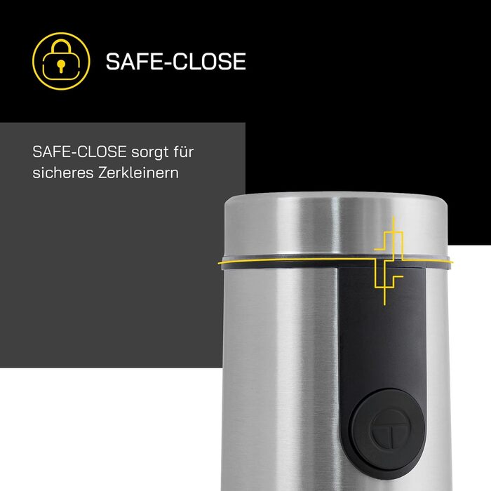 Електрична кавомолка GUTFELS COFFEE 5010, 50 г, нержавіюча сталь, з віконцем, SAFE-CLOSE