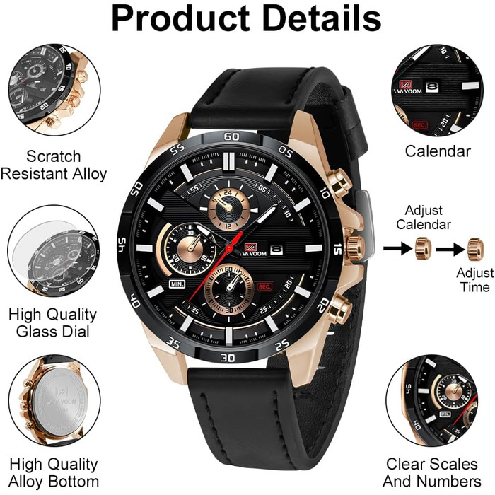 Чоловічий годинник OFF-CUP: аналоговий кварцовий хронограф з коричневим шкіряним ремінцем, з датою. Стильний годинник для чоловіків: casual, бізнес, класичний дизайн. Прекрасний подарунок (чорний колір)