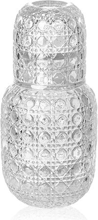 Vintage bedside carafe and cup, glass tea set for one, embossed gemstone texture design (transparent)