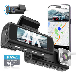 Відеореєстратор KAWA 4K Dual з GPS, WiFi, IPS екраном та 64GB SD-картою