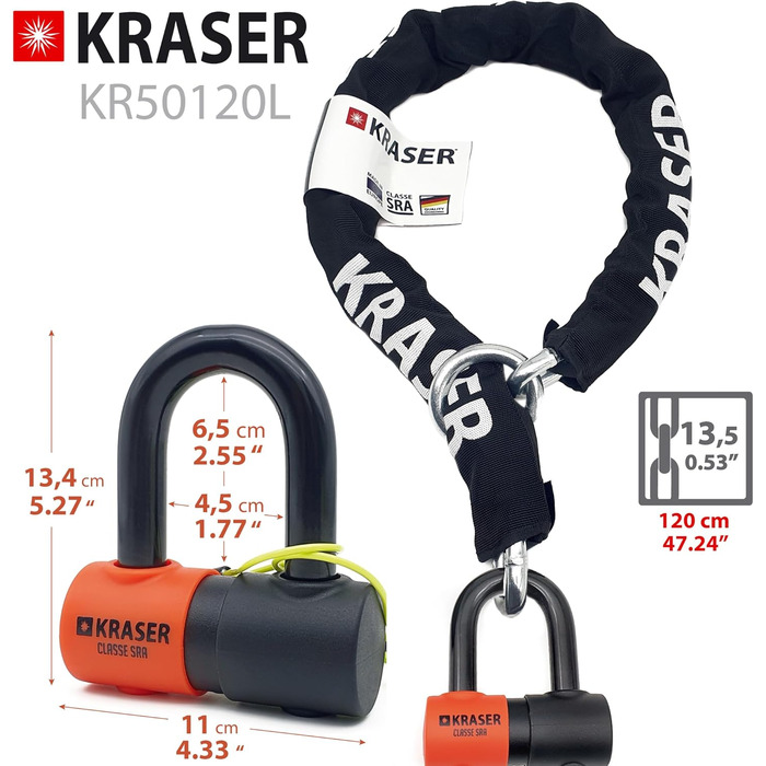 Замок-ланцюг KRASER KR50120L для мотоцикла, дисковий захист від крадіжки, U-образний замок Ø18 мм + ланцюг 120 см Ø13,5 мм, система петлі, сертифікат SRA, для мотоциклів та скутерів