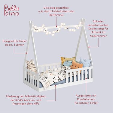 Bellabino Tajo Tipi Bed Base for Children 70x140 cm, House Bed made of Solid Pine Wood with Fall Protection/Fence and Slatted Frame in White for Children from 3 Years 70 x 140 cm White