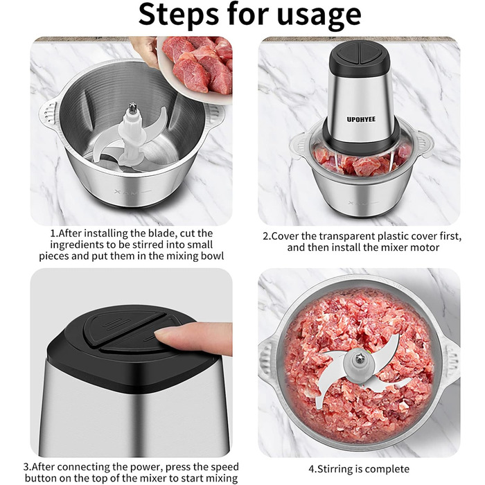 Електричний подрібнювач 600W з чашею з нержавіючої сталі 2L, 2 швидкості, 4 леза для овочів та часнику