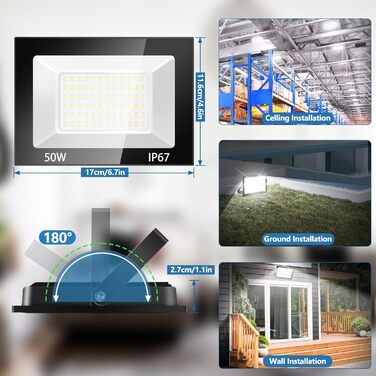 100W LED Floodlight Outdoor, LED Spotlight, Super Bright 10000LM LED Floodlight Outdoor, 7000K Cool White IP67 Waterproof Outdoor Spotlight, for Backyard, Driveway, Garage, Hallway, Garden (50W-1 PACK)