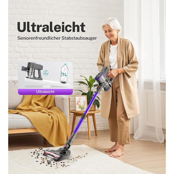 Бездротовий акумуляторний пилосос з потужністю 25000Pa, 175W, час роботи 50 хвилин. З антизаплутувальною насадкою та самостійне зберігання. Легкий ручний пилосос для твердих підлог, килимів, шерсті тварин. Колір: Taro-violett