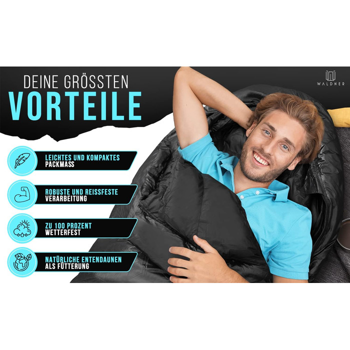 Спальний мішок WALDNER Daunenschlafsack Ultraleicht - ультралегкий, 4 сезони, 800г пуху, 600FP, для кемпінгу та відпочинку на природі (до 200см)