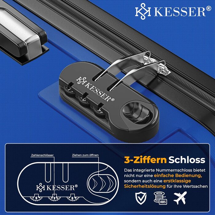 Набір валіз KESSER з ABS-пластику 3 шт. (M, L, XL) на 4 колесах, синій: дорожні валізи-тролеї з телескопічною ручкою, замком, вагами для багажу та биркою