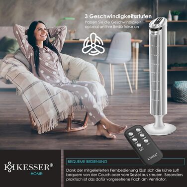 Турбо вентилятор KESSER® з пультом керування | 90° кут осциляції | 3 швидкості | 90 см | Таймер | Turbo функція | Стовпчастий вентилятор | Сріблястий колір