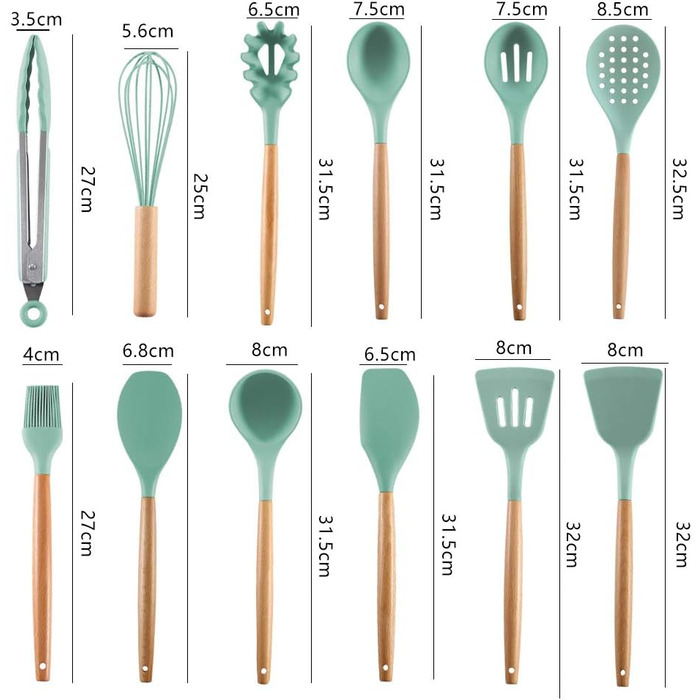 Набір кухонних аксесуарів Kochbesteck: 14 предметів з силікону з дерев'яними ручками, включаючи S-гачки, ложки та мірні ложки