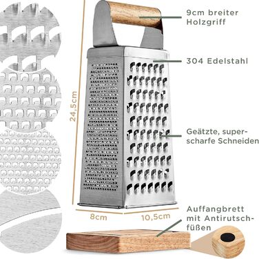 Тёрка WALDWERK Design з нержавіючої сталі (24,5x10,5 см) з гелевими лезами - для овочів, сиру, з підставкою з натурального дерева, без пластику