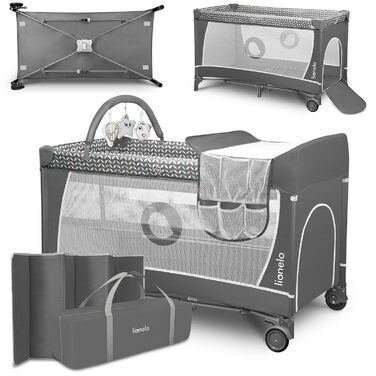 Lionelo Flower 4in1 Travel Cot Baby, Playard Baby with Side Entrance, Changing Table, Two Mattress Suspension Heights, Play Arch with Figures, Wheels, Carry Bag 1 Piece (1-Pack) Grey