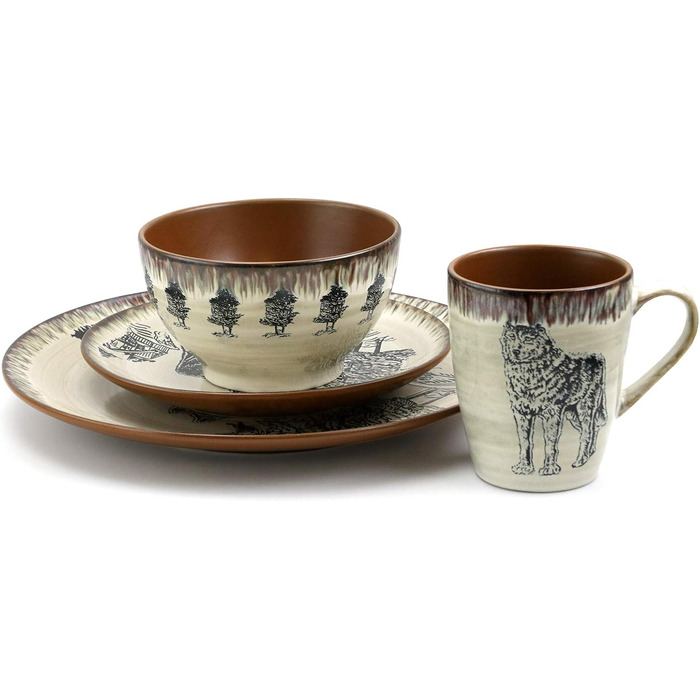 Набір посуду Elama Rund з 16 предметів, стеатит, океановий блакитно-зелений та зелений, дизайн вовка, тепла тауп та коричневі акценти