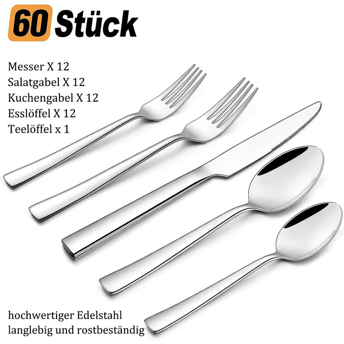 Terlulu Cutlery Set 12 Persons, 60-Piece Stainless Steel Cutlery Set, Dining Cutlery Set with Knife, Fork, Spoon, High-Quality Stainless Steel, High-Gloss Polished & Dishwasher Safe