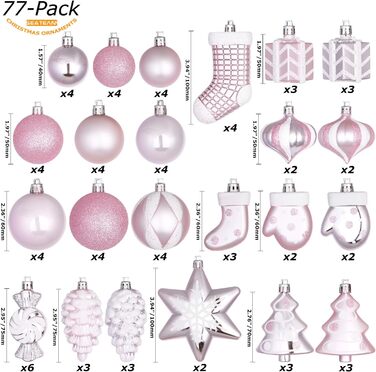 Набір прикрас для ялинки Sea Team 77 шт. - міцні кулі, рожеві ялинкові орнаменти з подарунковою упаковкою