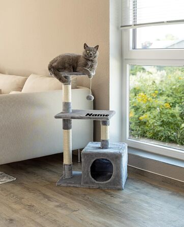 Cat Scratching Post with Cave and Plush Ball including Bell, Height 85 cm, Cat Tree with Sisal & Plush, Cozy Lounging Areas & Cave, Suitable for Small & Large Cats, (Light Gray (with name tag))