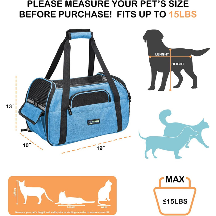 Переносна переноска для тварин Jespet, м'які стінки, для котів та цуценят, 17' x 9' x 11.5', блакитний