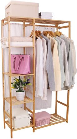 Bamboo Clothes Rack, Coat Stand with Shelves, Laundry Rack with Curtain and Clothes Rail, 90x30x146.6cm
