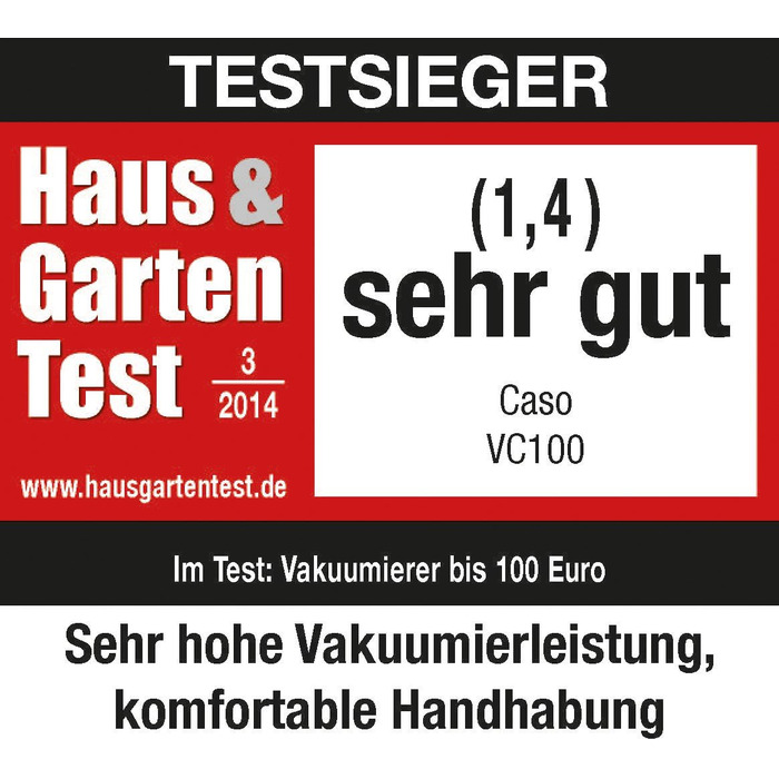 CASO VC100 - вакуумний пакувальник, тестування Haus & Garten Test, продукти зберігаються до 8 разів довше, подвійна 30 см зварювальна швейна лінія