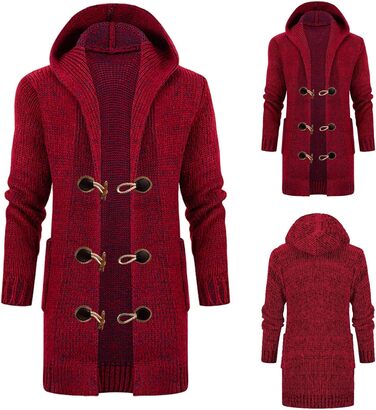 Чоловіча в'язана кардиган-світшот з капюшоном та ґудзиками. Теплий чоловічий світшот з грубого в'язання для осені та зими (червоний, 3XL)