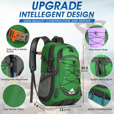 IGOLUMON Hiking Backpack Men Women 40L Waterproof Backpack Lightweight Foldable Travel Backpack Trekking Backpack with Reflective Stripes For Cycling, Climbing, Mountaineering and Travel Sports, (Grass Green)