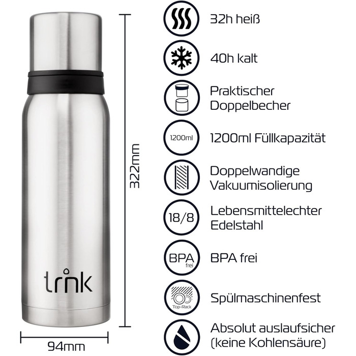 Термос Outdoor Arktis 2 - 1200 мл, нержавіюча сталь, BPA-free, зберігає тепло 32 години, з 2 кришками-чашками, для посудомийної машини, сірий колір